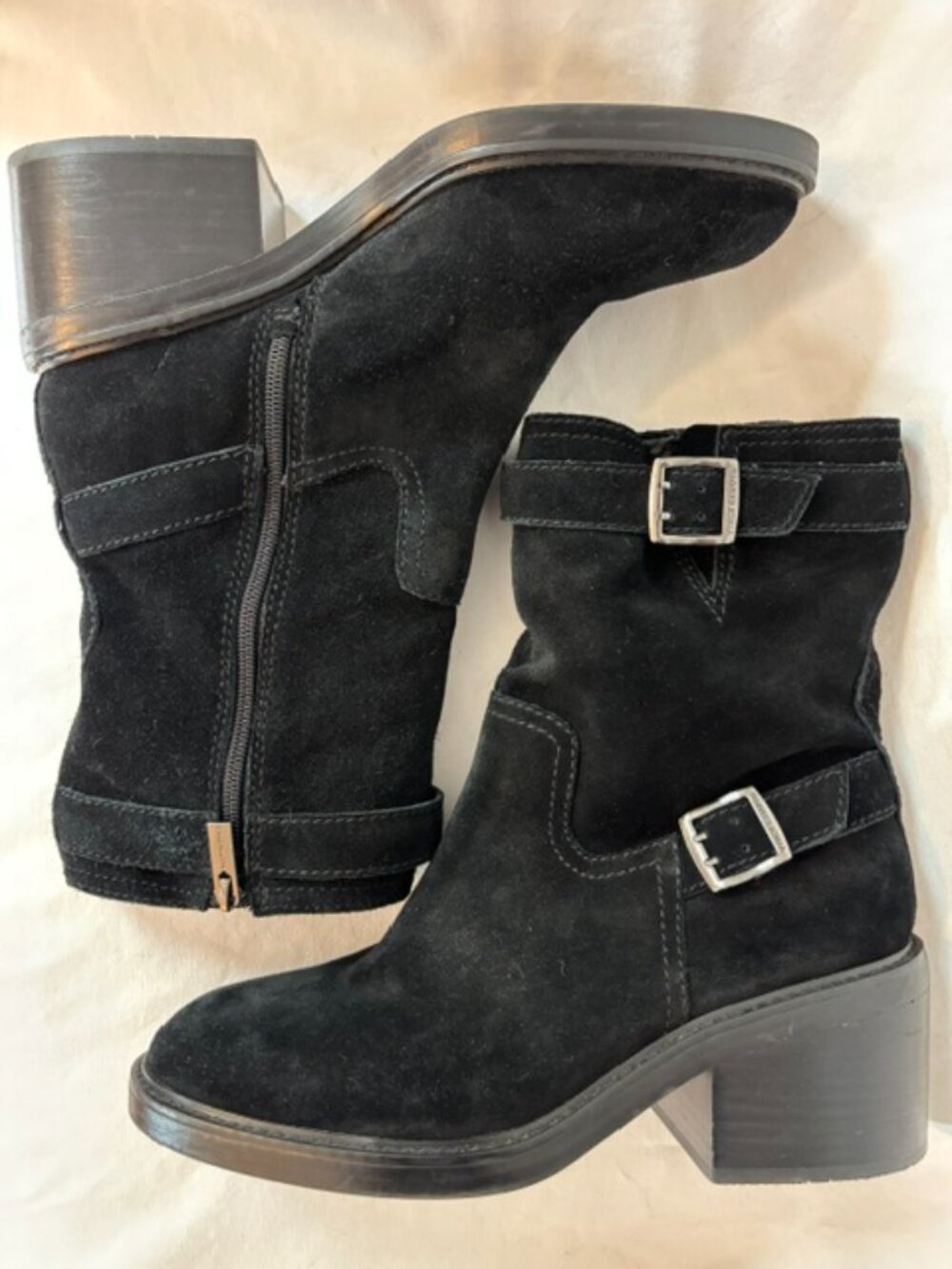 Vince Camuto Vergila Black Suede Dual Buckle Moto Boot Women's Size 10M